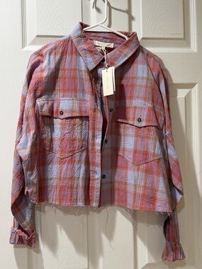 Gilded Intent Lavender and Coral Plaid Button-Up Shacket